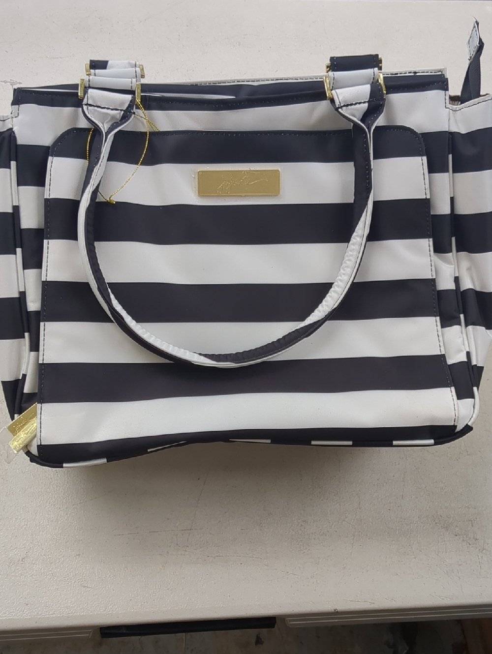 Ju-Ju-Be Black and White Striped Diaper Bag Tote with Gold Hardware